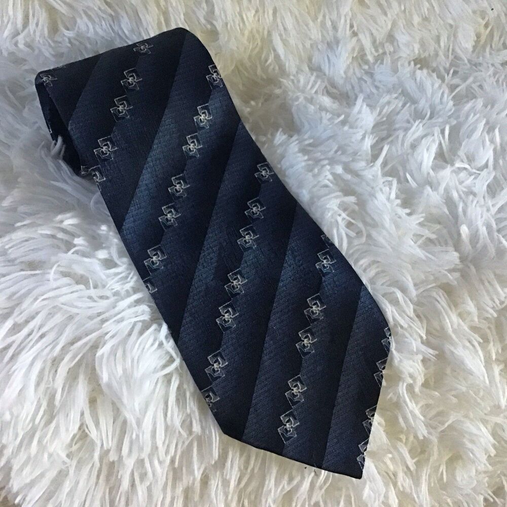 David Taylor Neck Tie Blue Geometric Stripe 3.5" Wide Silk Mens Necktie